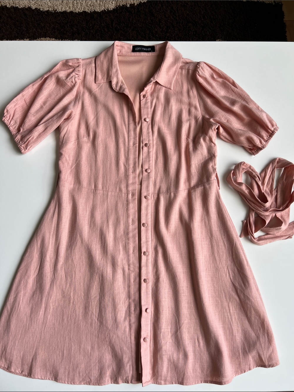 Soft Pink Button-Front Shirt Dress Puff Sleeves by Lofty Manner linen blend
